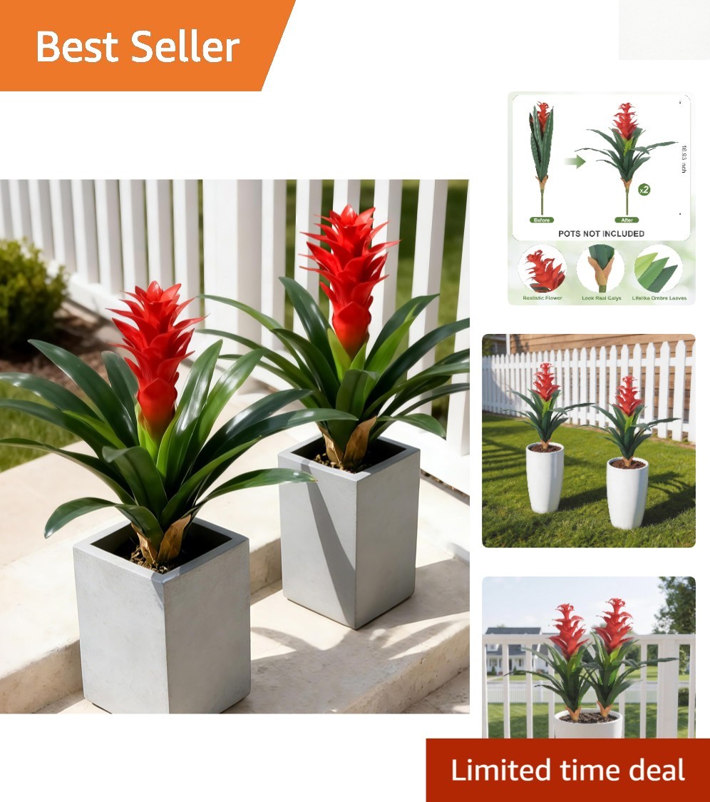 Elegant 2 Pack 16.93″ Red Bromeliad Artificial Flowers for Indoor or Outdoor