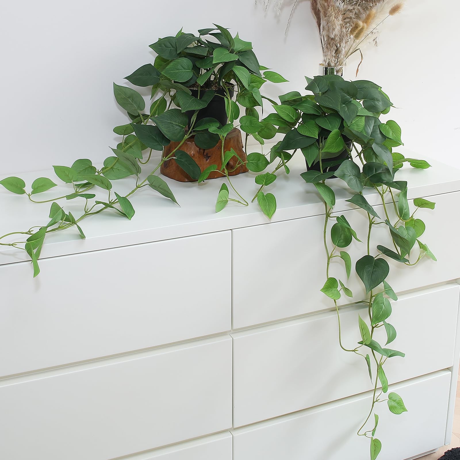 2 Pack 33 Inch Fake Pothos Hanging Plants Faux Devils Ivy Vines With Pots