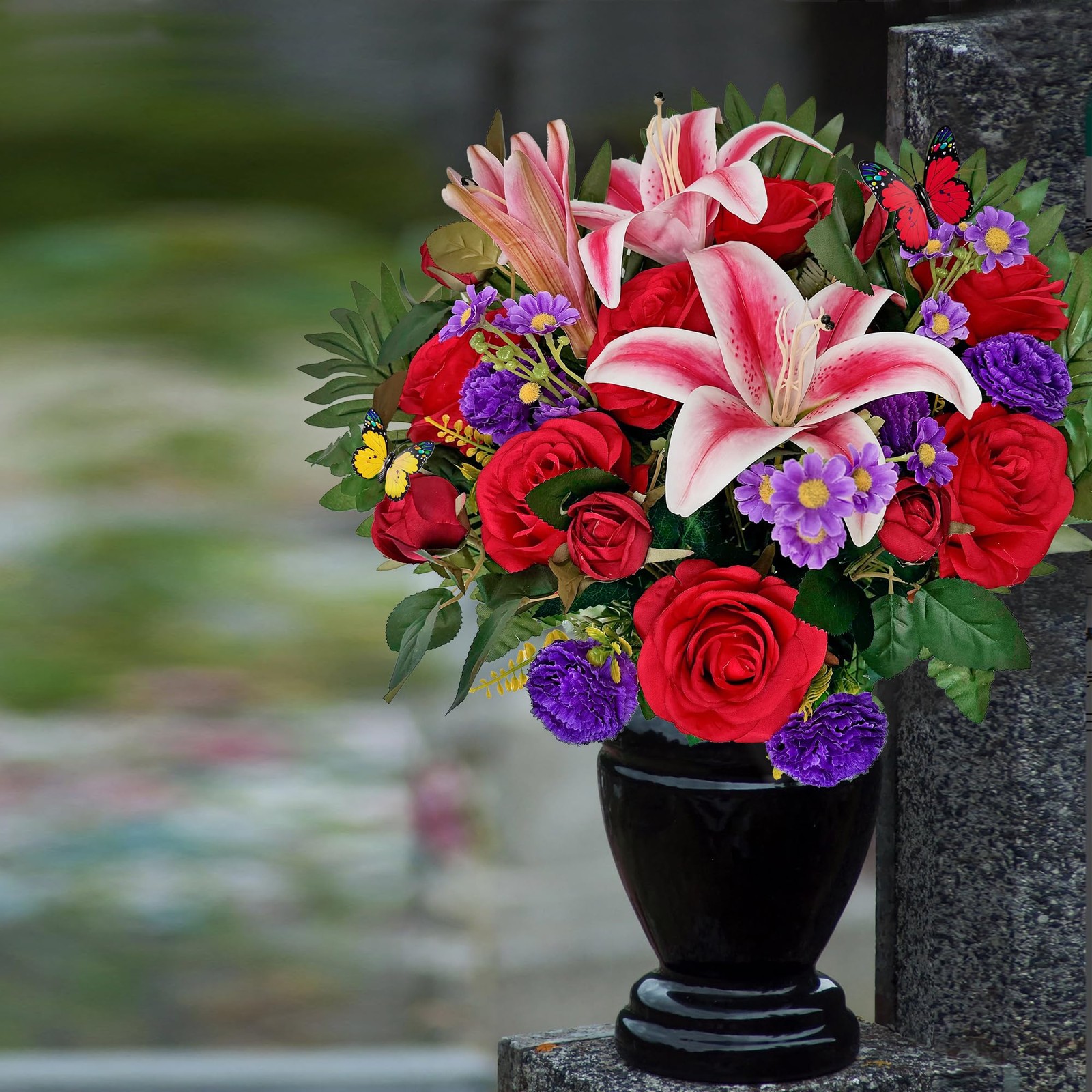 Artificial Cemetery Flower Bouquet, Grave Flower for Headstone Outdoor Decora…