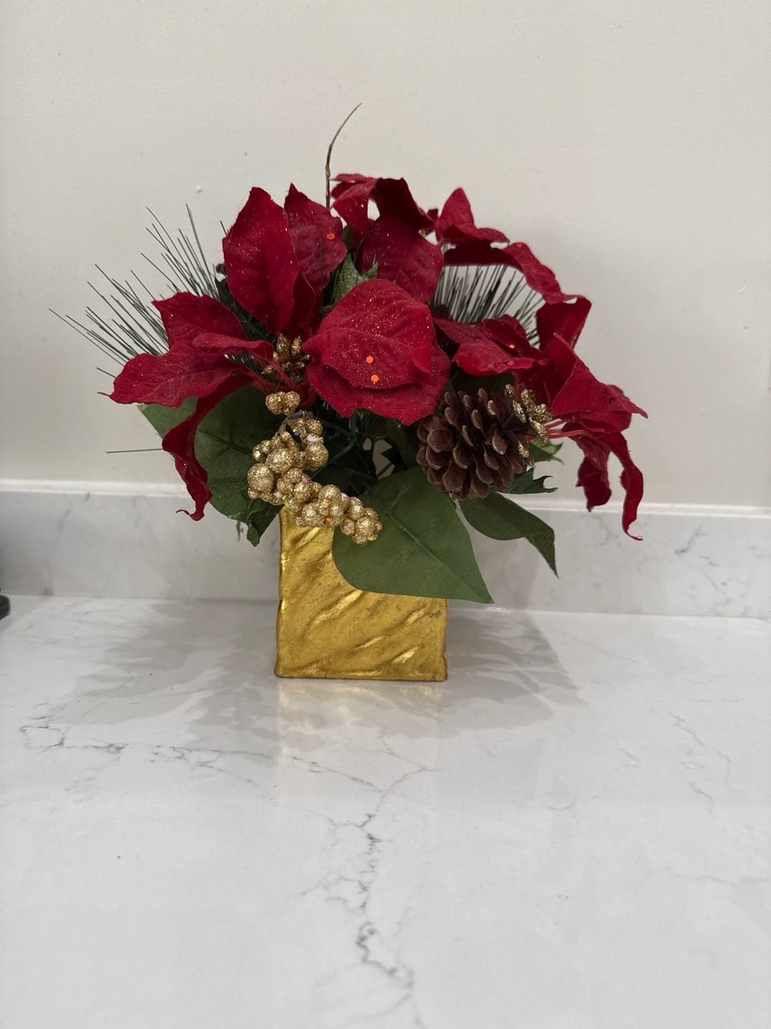 Artificial Poinsettia, Pine and Berry Christmas Arrangement in Gold Square Vase