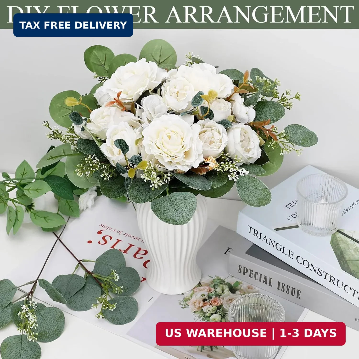 Peony Artificial Flowers, Faux Peonies Hydrangea Eucalyptus Bouquet 12 Packs Sil