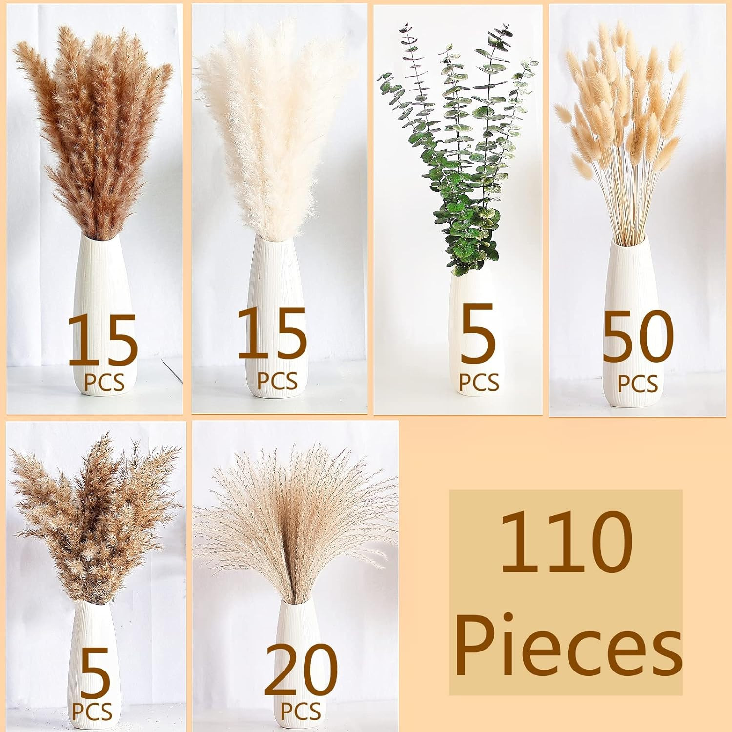 110 PCS of Boho Pampas Grass Decor, Naturally Dried Pompas, Bunny Tails Dried Fl