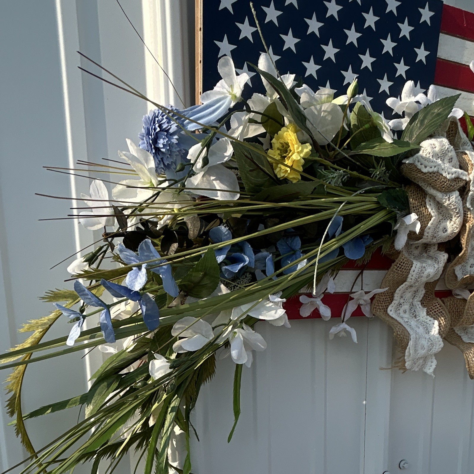 Patriotic American Flag Floral Swag Door/Wall Decor, Burlap Lace Bow