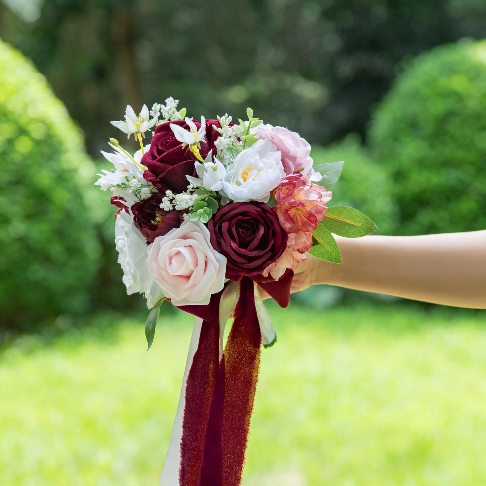 Burgundy, Blush Wedding Bouquet, Bride, Bridesmaid, Artificial Prom Flowers
