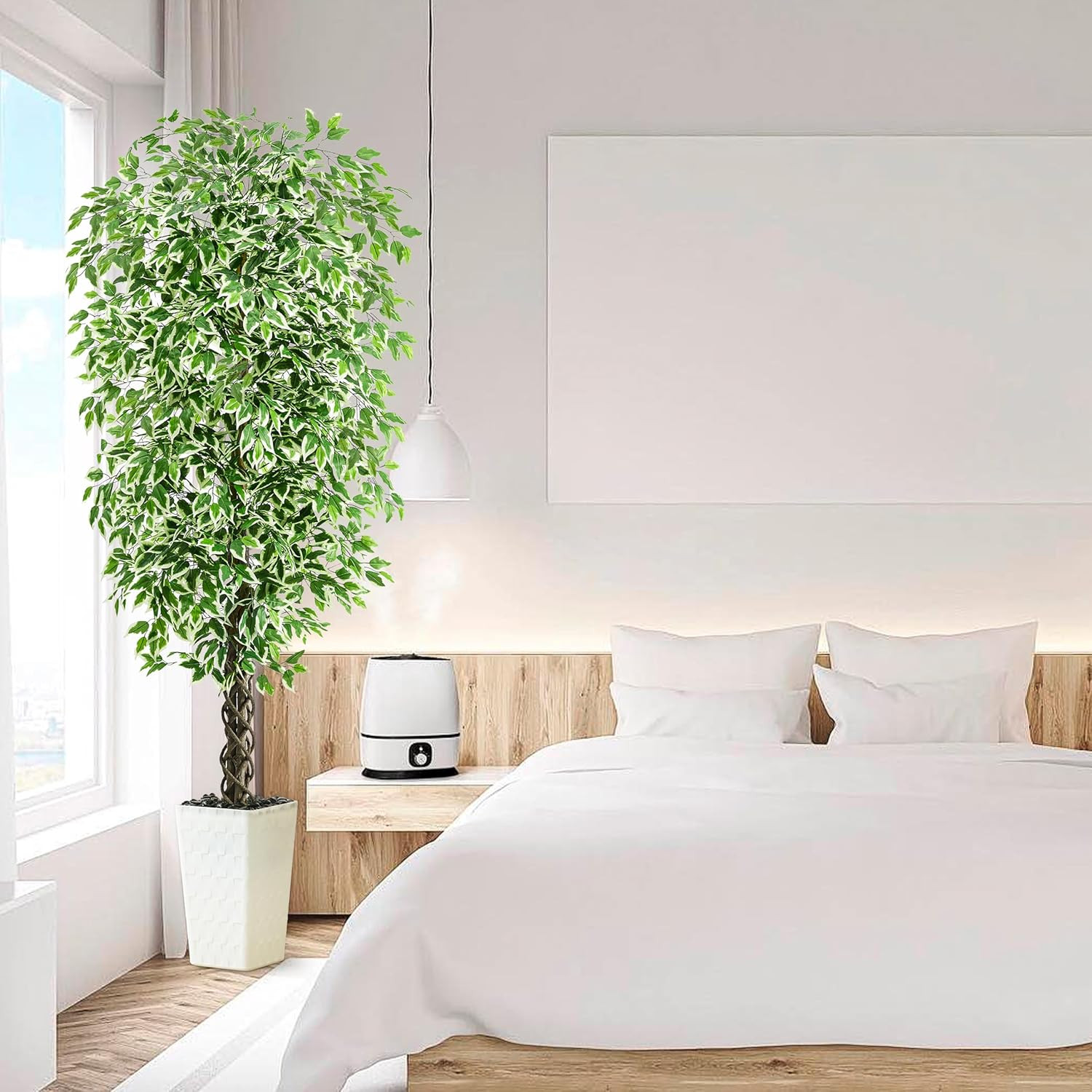 7FT Artificial Ficus Tree with White Planter – Lifelike Indoor/Outdoor Decor