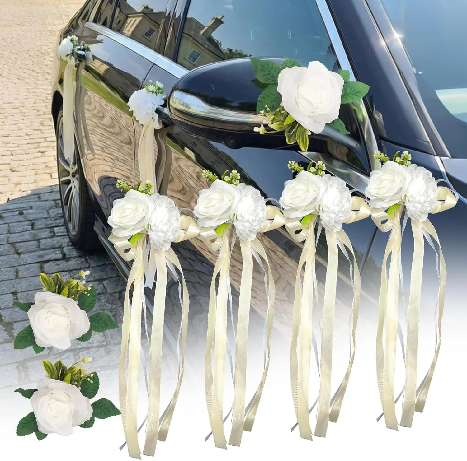 6 PCS White Rose & Peony Wedding Car Decoration Kit – Floral Bouquet Car Door Ha