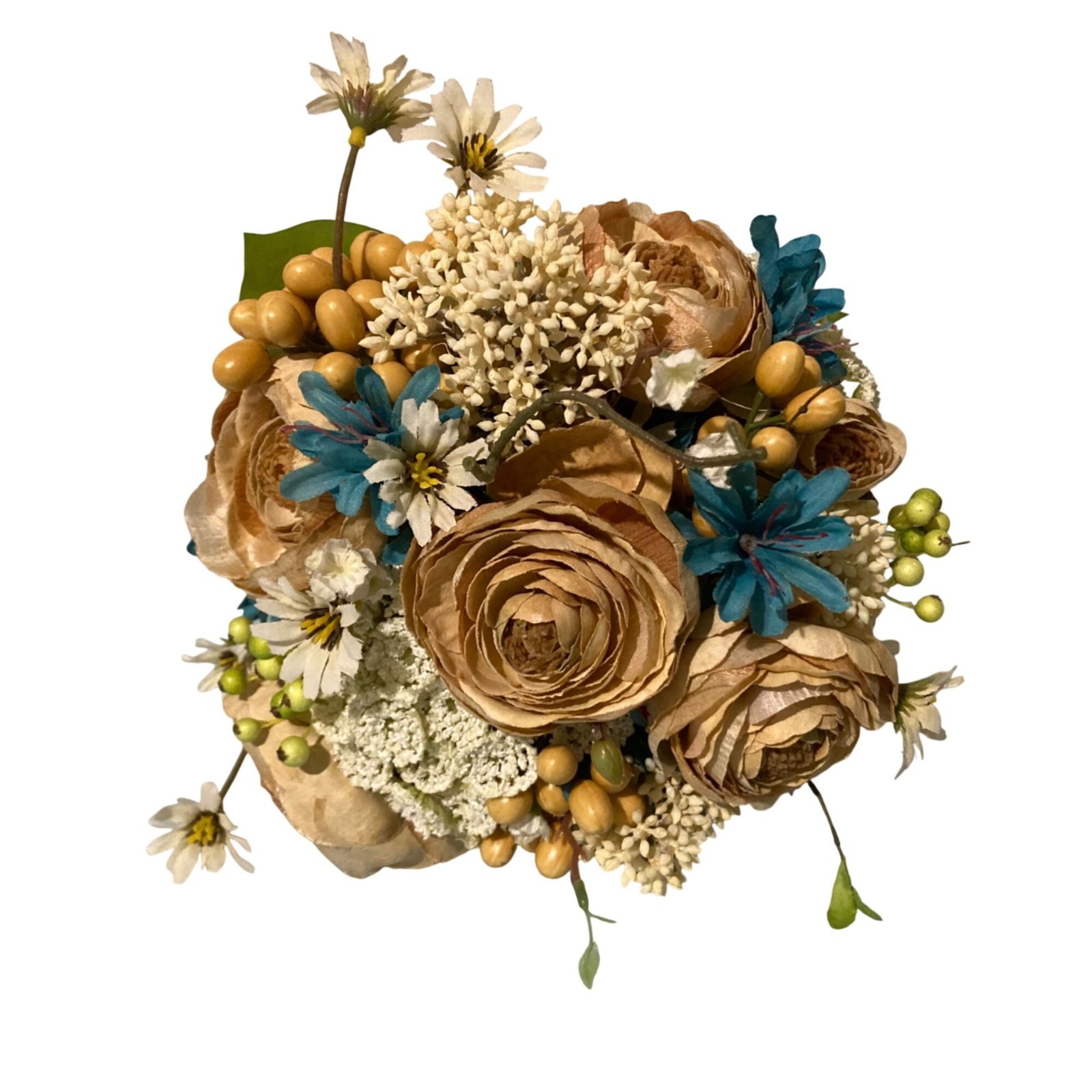 Bridal Flower Bouquet Beige & Blue Blossoms Berry Accents Wedding Or Home Decor