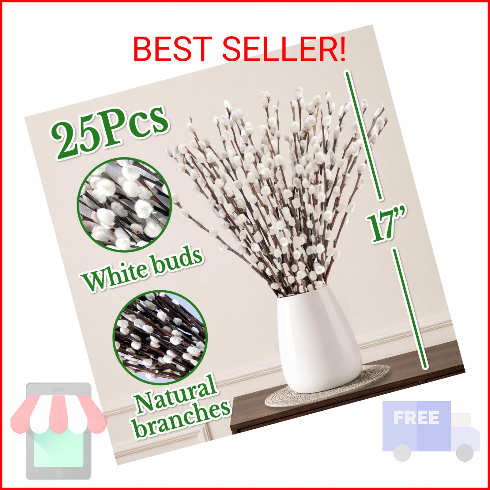 25 Stems Natural Dried Pussywillow Branches for Vases Decor, 15”-17” Real Pres
