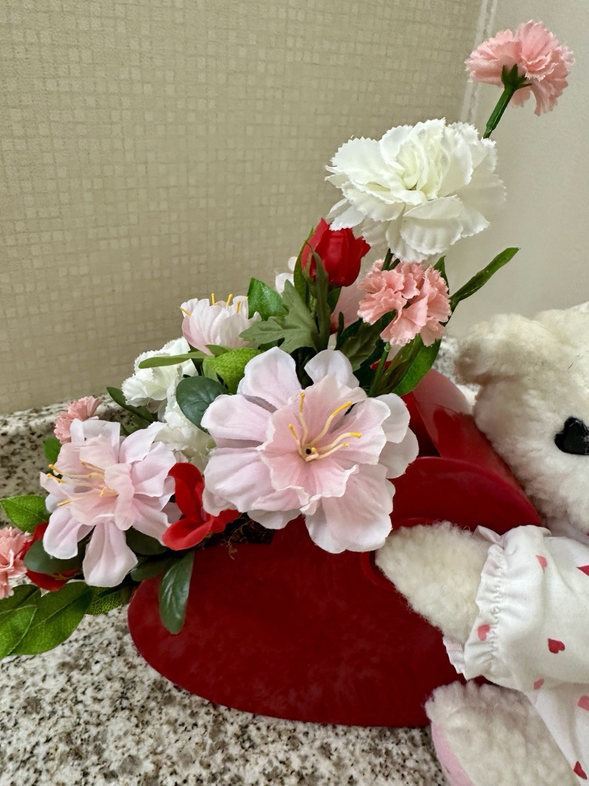 New Stunning Plush Bear In Pj With Satin Flower Arrangement In Red Heart Vase
