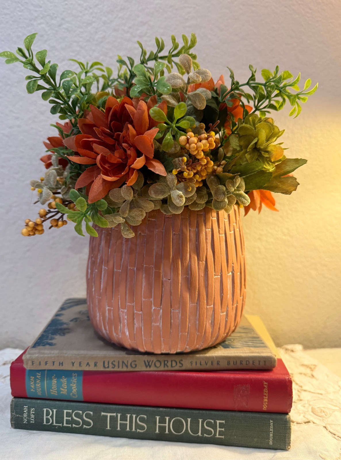 Upcycled Terracotta Pot Hand Painted with Fall Autumn Faux Florals Centerpiece