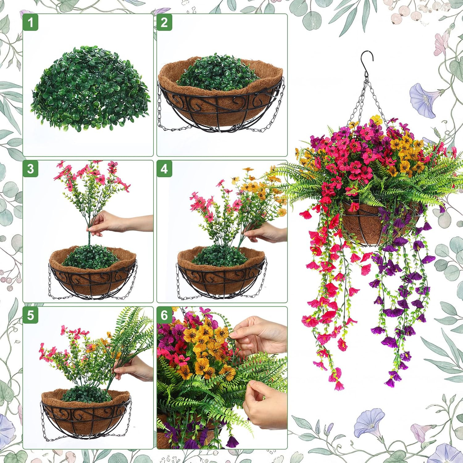 Faux Outdoor Hanging Plants Set with Artificial Fern & Morning Glory Decor