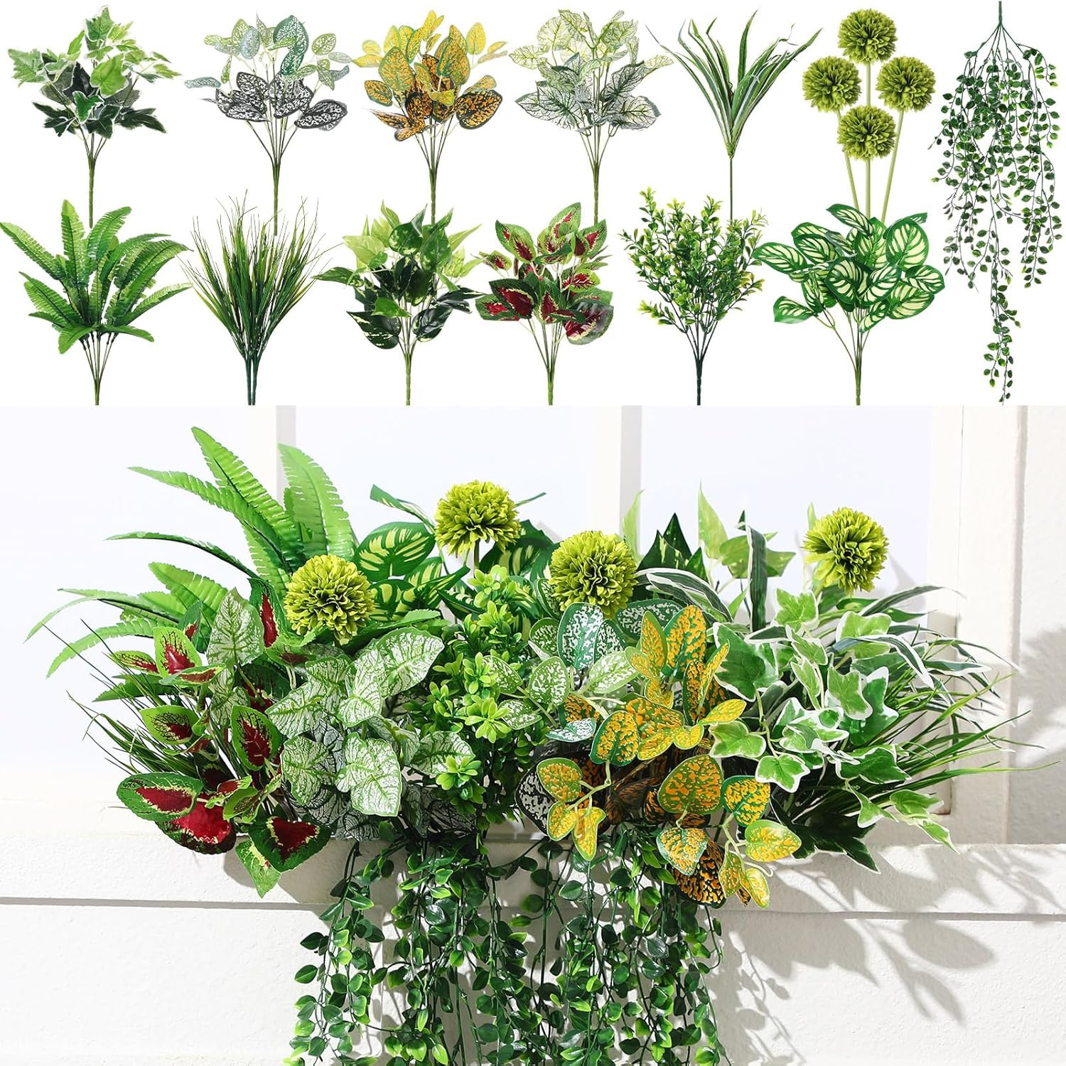 18 Pcs UV Resistant Fake Plants for Outdoor Decor – Greenery Stems & Bushes