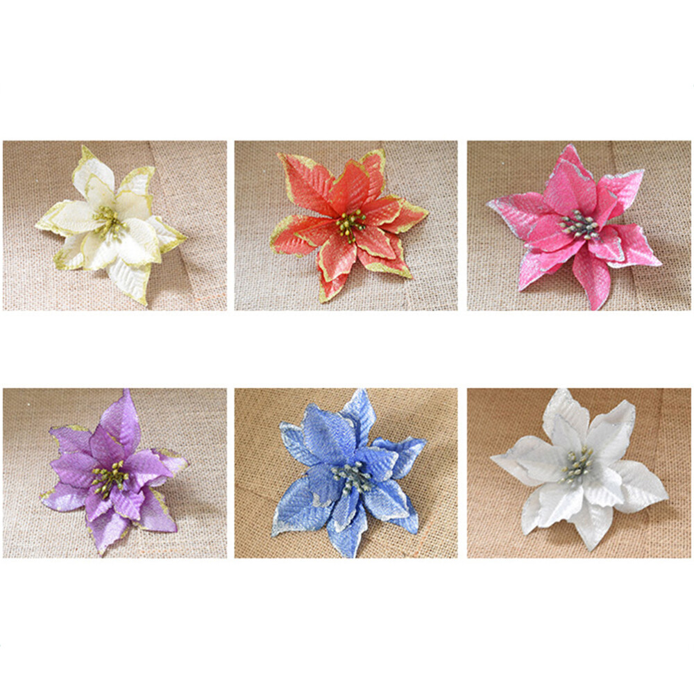 8 Sets Christmas Tree Wreaths Decor Poinsettia Glitter Flower Gold Bow Clip On