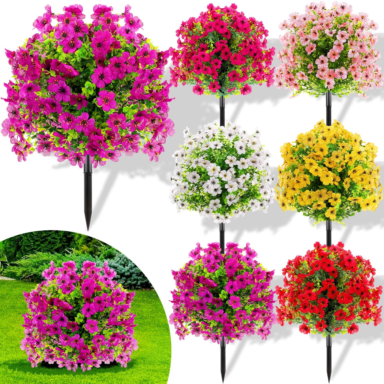6 Pack Artificial Boxwood Topiary Tree with Violet Flowers, 20″ Outdoors Fake…
