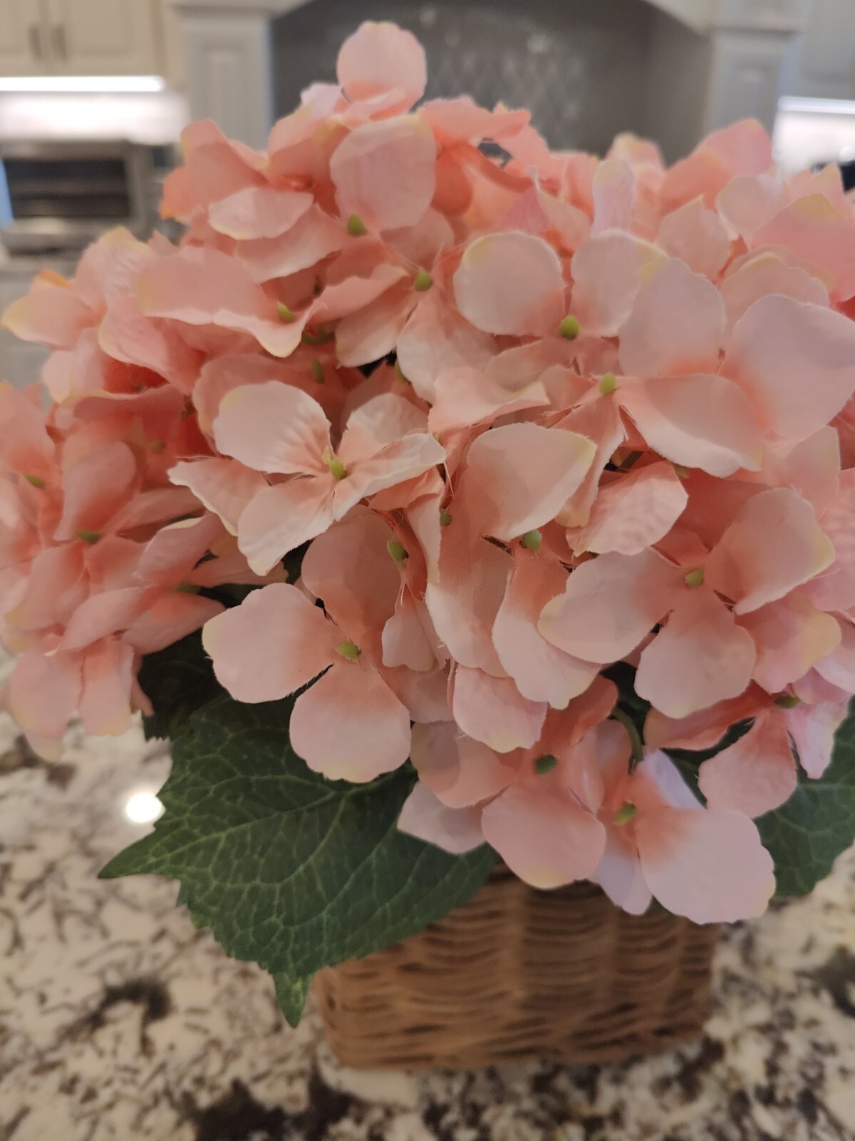 Valerie Parr Hill Faux Hydrangea Arrangement In Basket Peach Pink Floral Spring