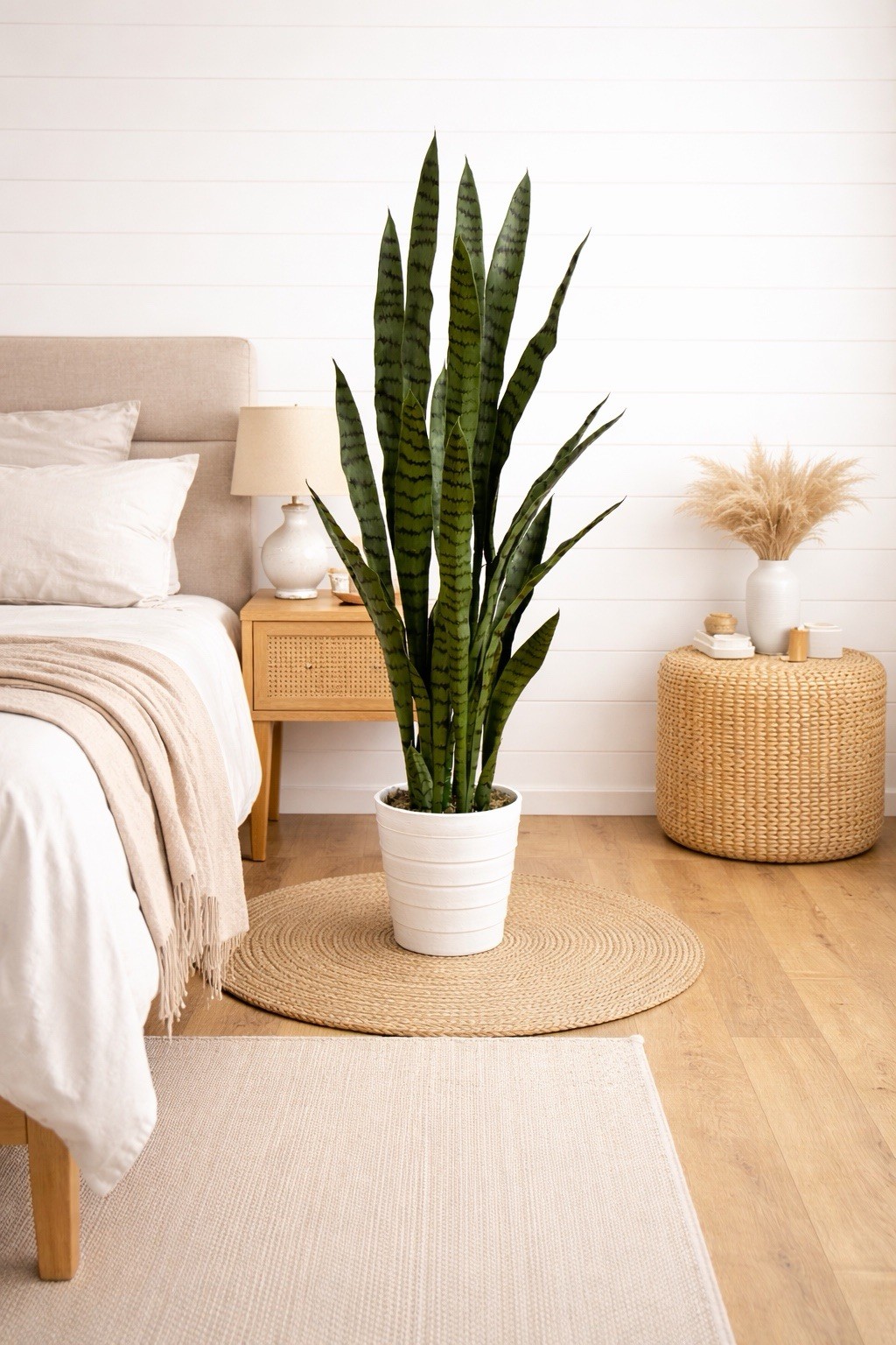 4’ UV Resistant Artificial Sansevieria Plant in White Planter (Indoor/Outdoor)
