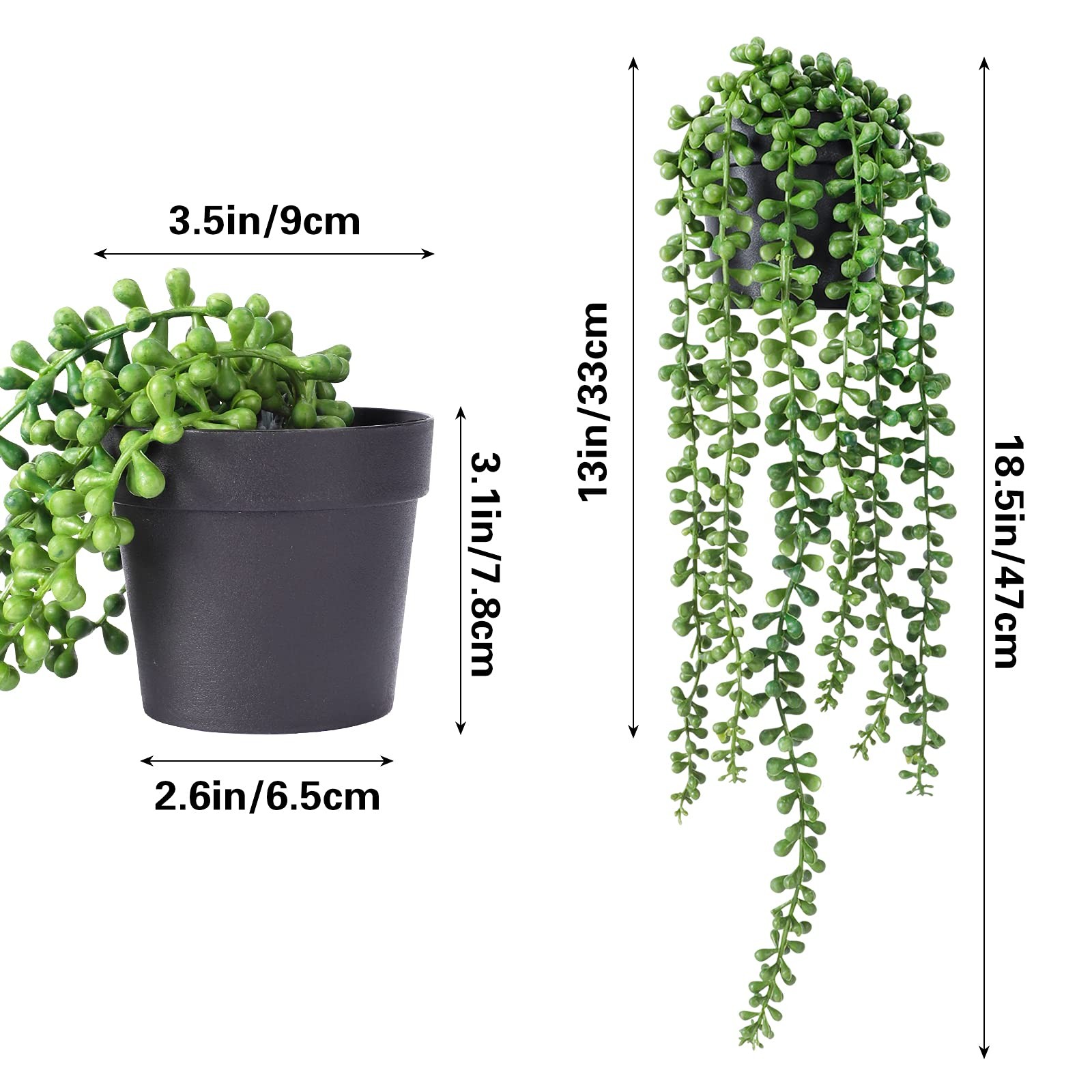 2 PCS Fake Indoor Plants, Artificial String of Pearls, Black Pots, Hanging Decor