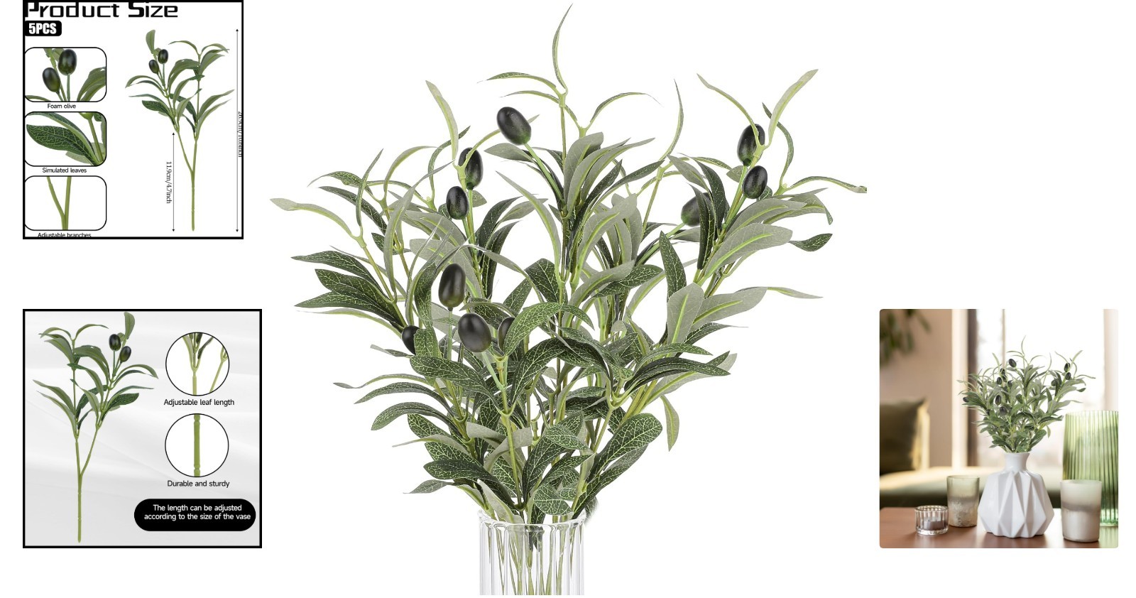 Versatile 5-Pack 11.8-Inch Faux Olive Leaves for Weddings and Home Centerpieces
