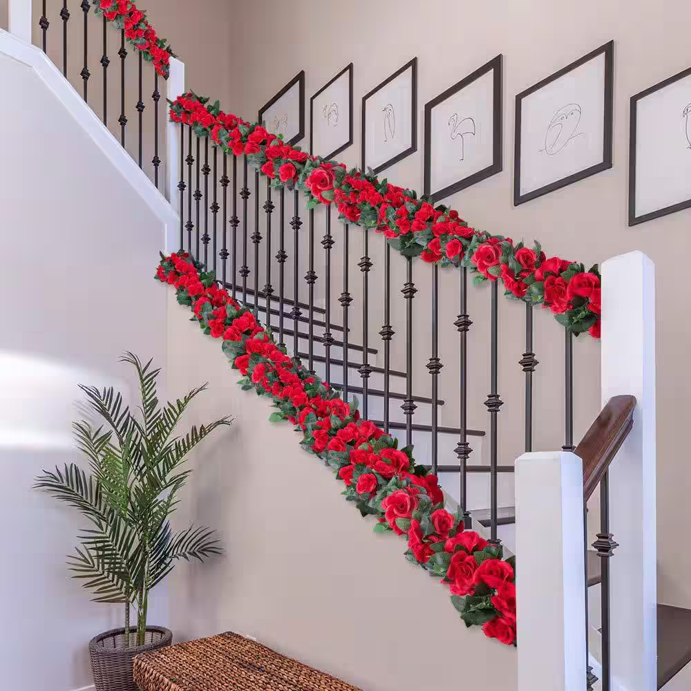 4.72 In. Red Artificial Rose Vine Silk Flower Garland 4-Pieces with Greenery Pla