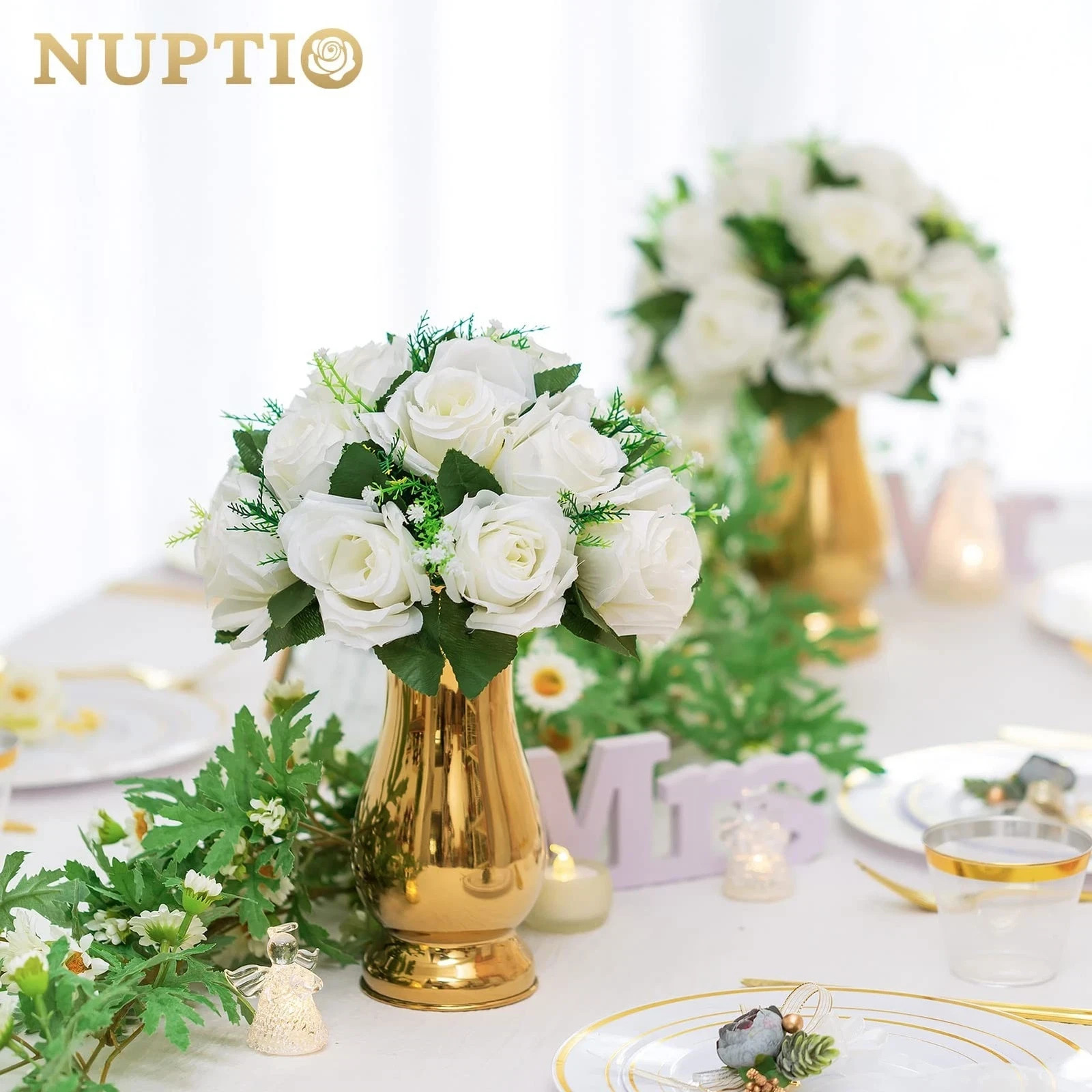 NUPTIO 10 Pieces White Fake Flower Ball Arrangement Bouquet 15 Heads Plastic …