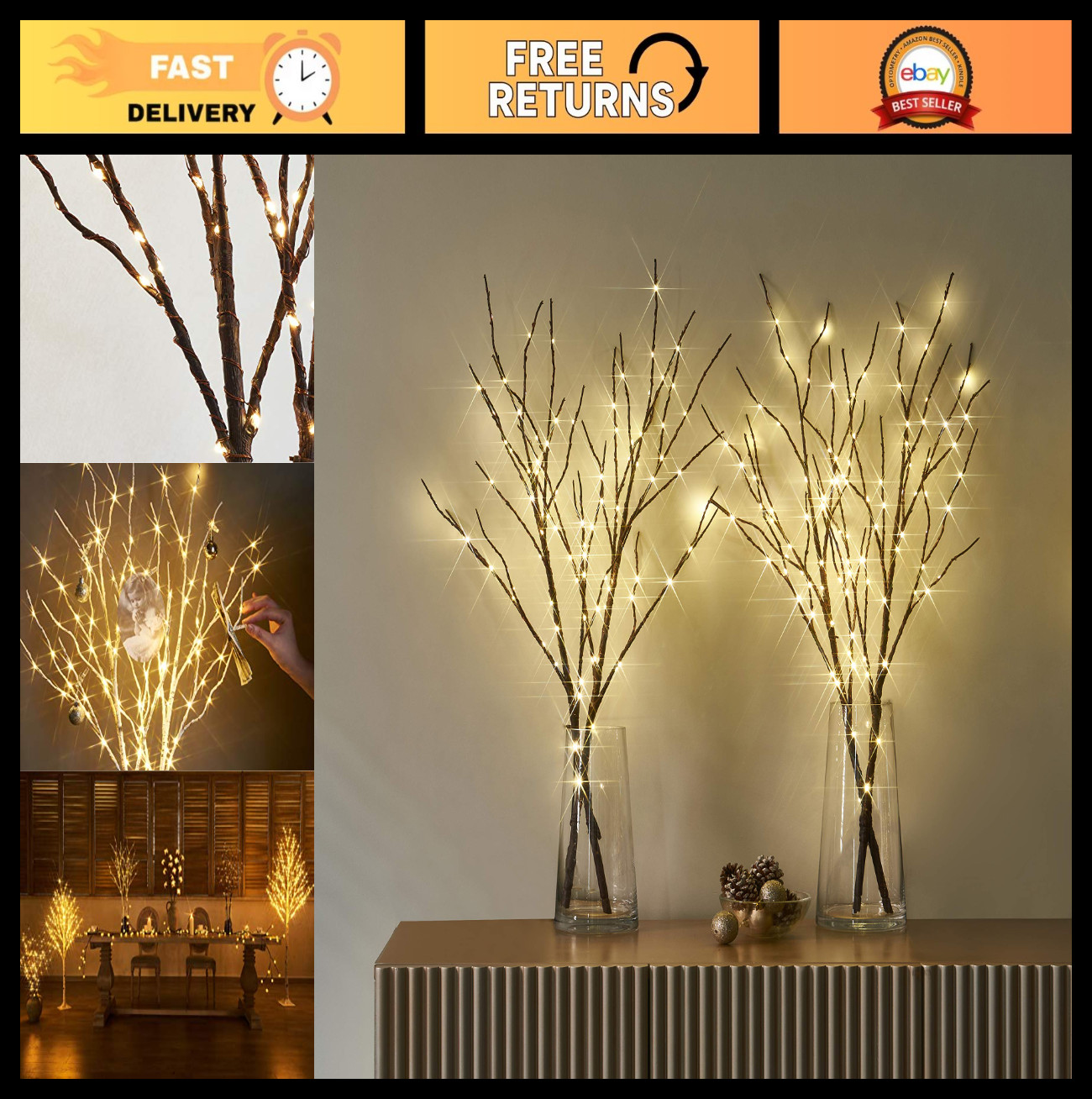 Lighted Brown Willow Branches Set of 2 – 32″ Battery Operated with Timer, 100 LE