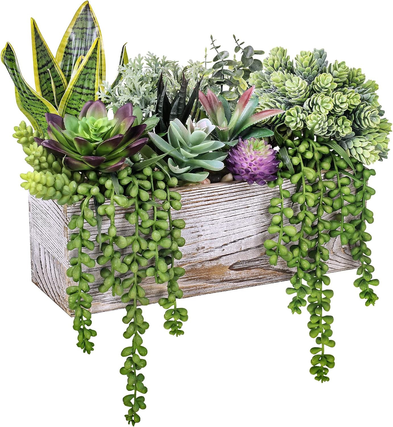 14 Pcs Assorted Artificial Succulents in Wooden Pots for Home Decor
