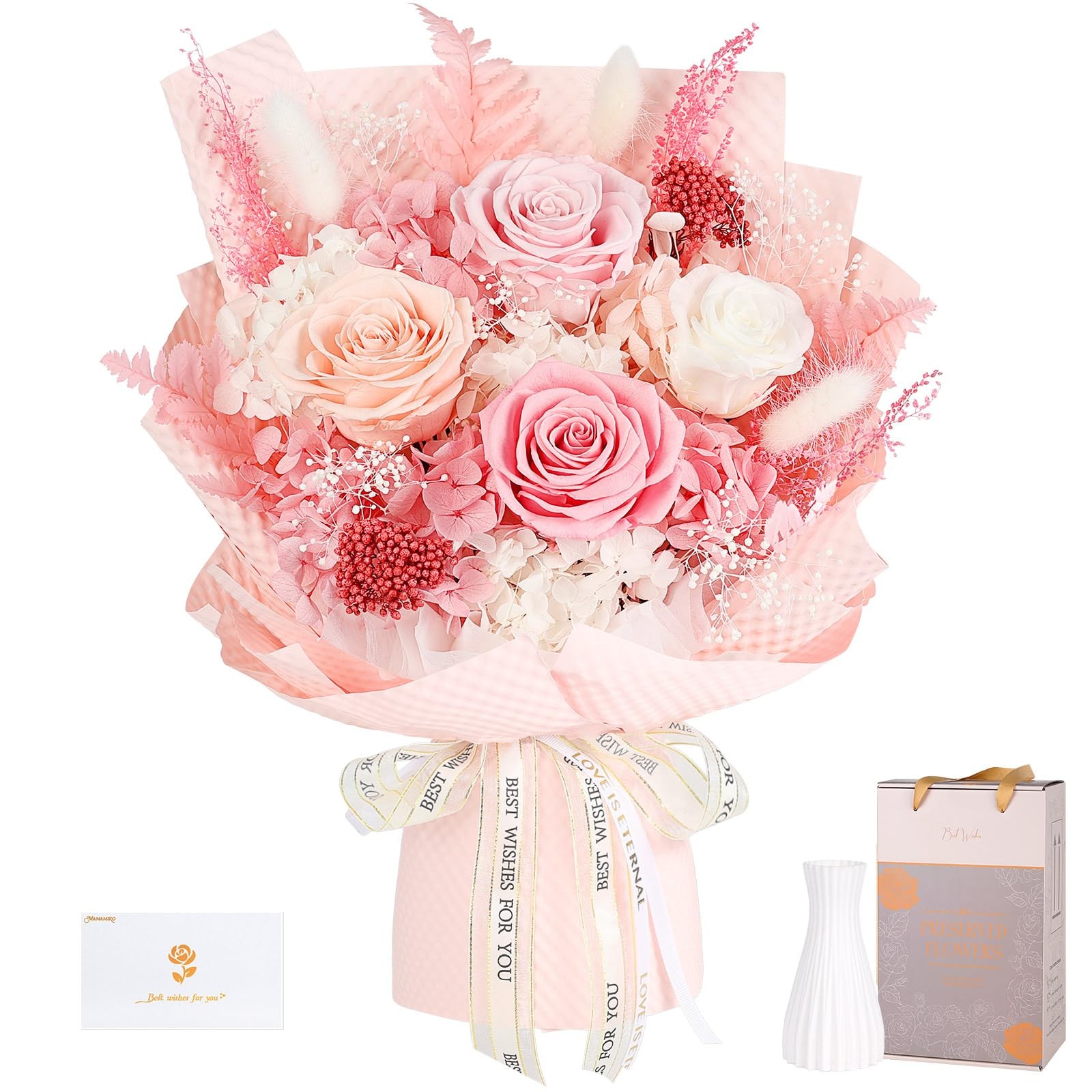 MAMAMIKO Preserved Flowers Bouquet 4 Roses Pink Roses & Flowers for Delivery…