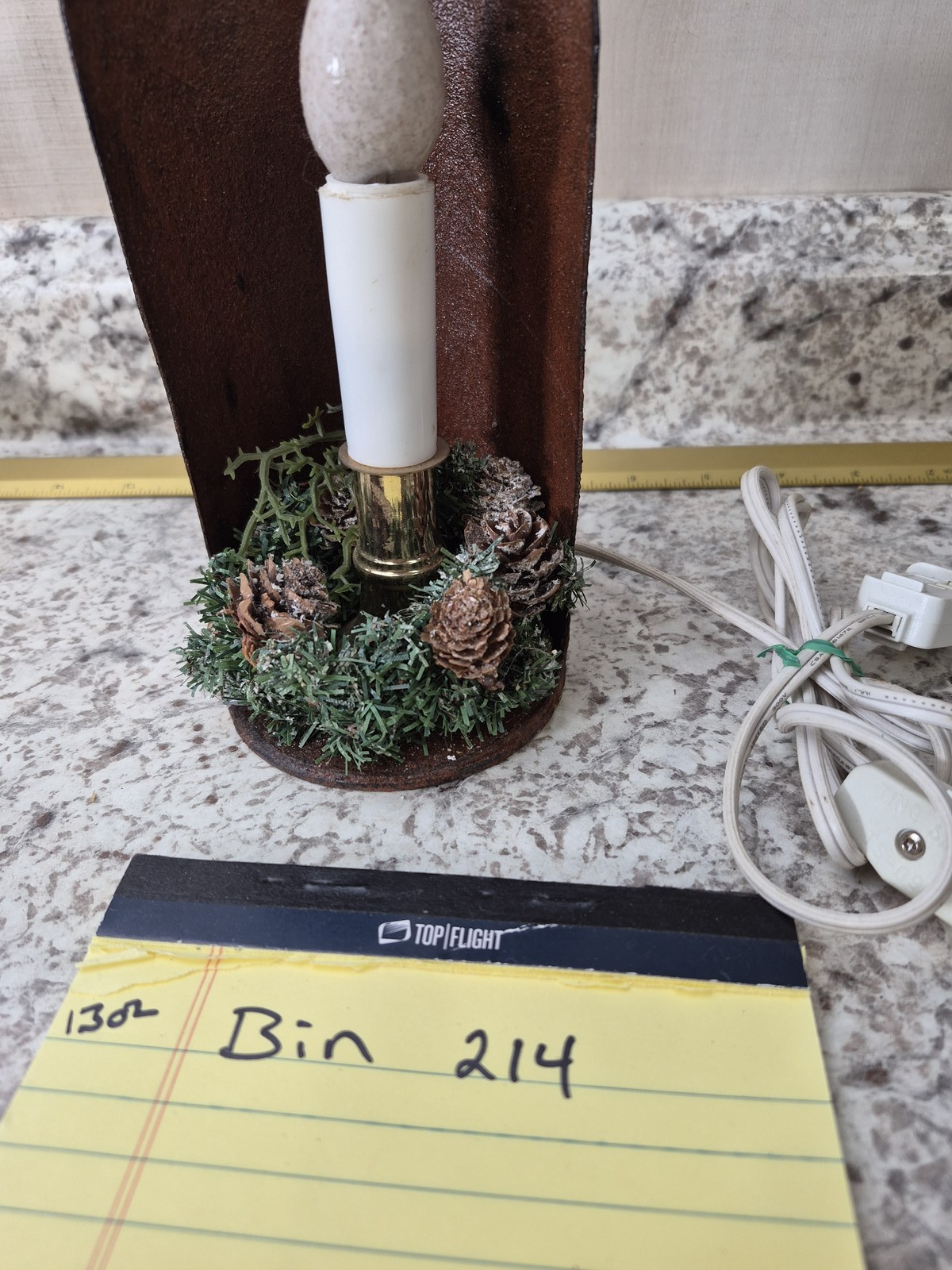 Rustic Winter Holiday Electric Candle Lamp Faux Leather Pinecone Evergreen Decor