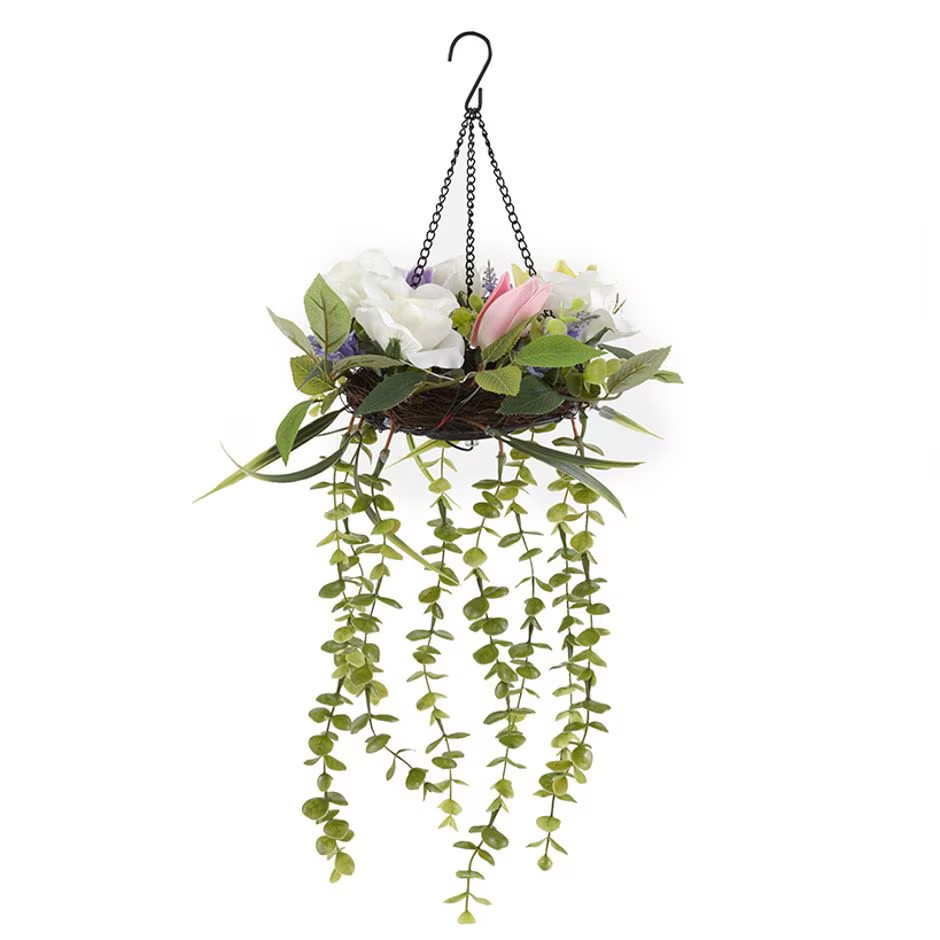 NEW Solar Floral Hanging Arrangement rattan w/ faux flowers & metal chain 10×24″