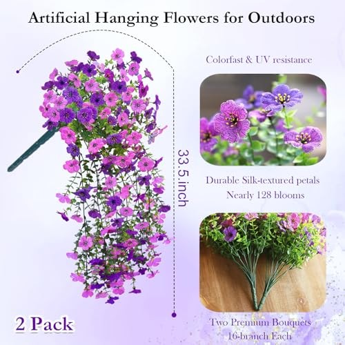 Artificial Fake Flowers for Outdoors,2PCS Faux Hanging Purple Deep Purple
