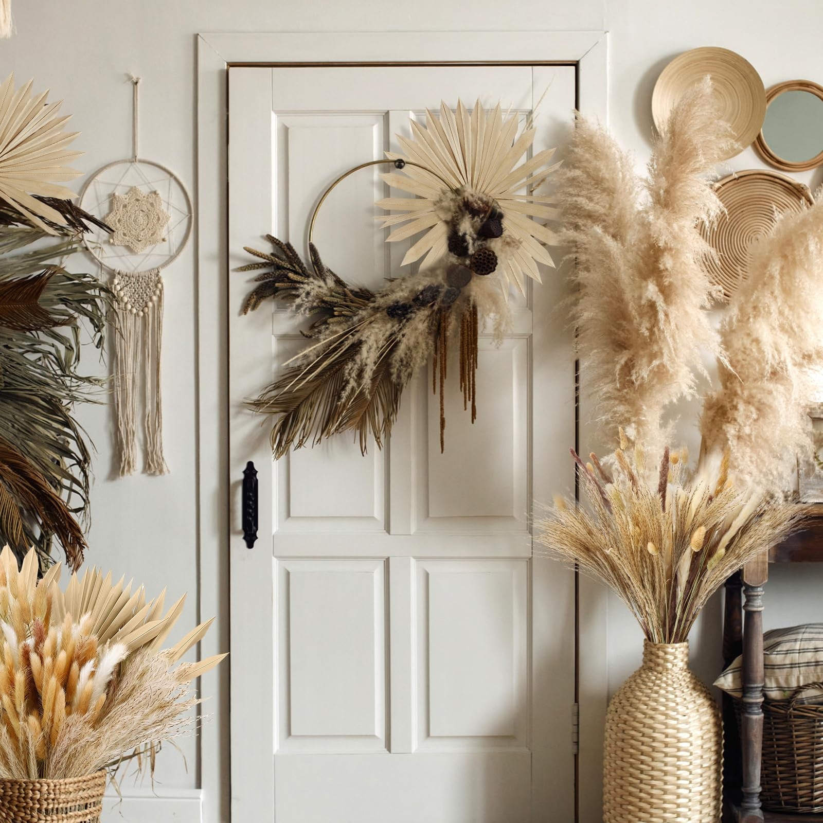 105 Pcs Boho Dried Pampas Grass & Palm Leaves, Natural Pampas Grass Decor Spe…