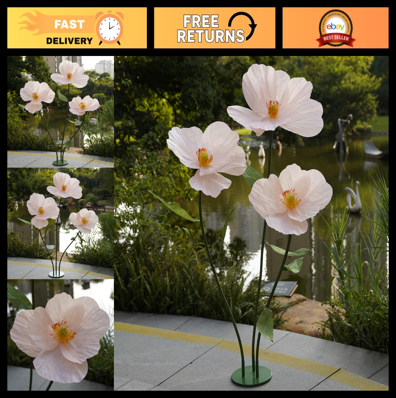 Large Paper Giant Flowers for Home Decor, Handcrafted Poppy Fake Flowers for Eve