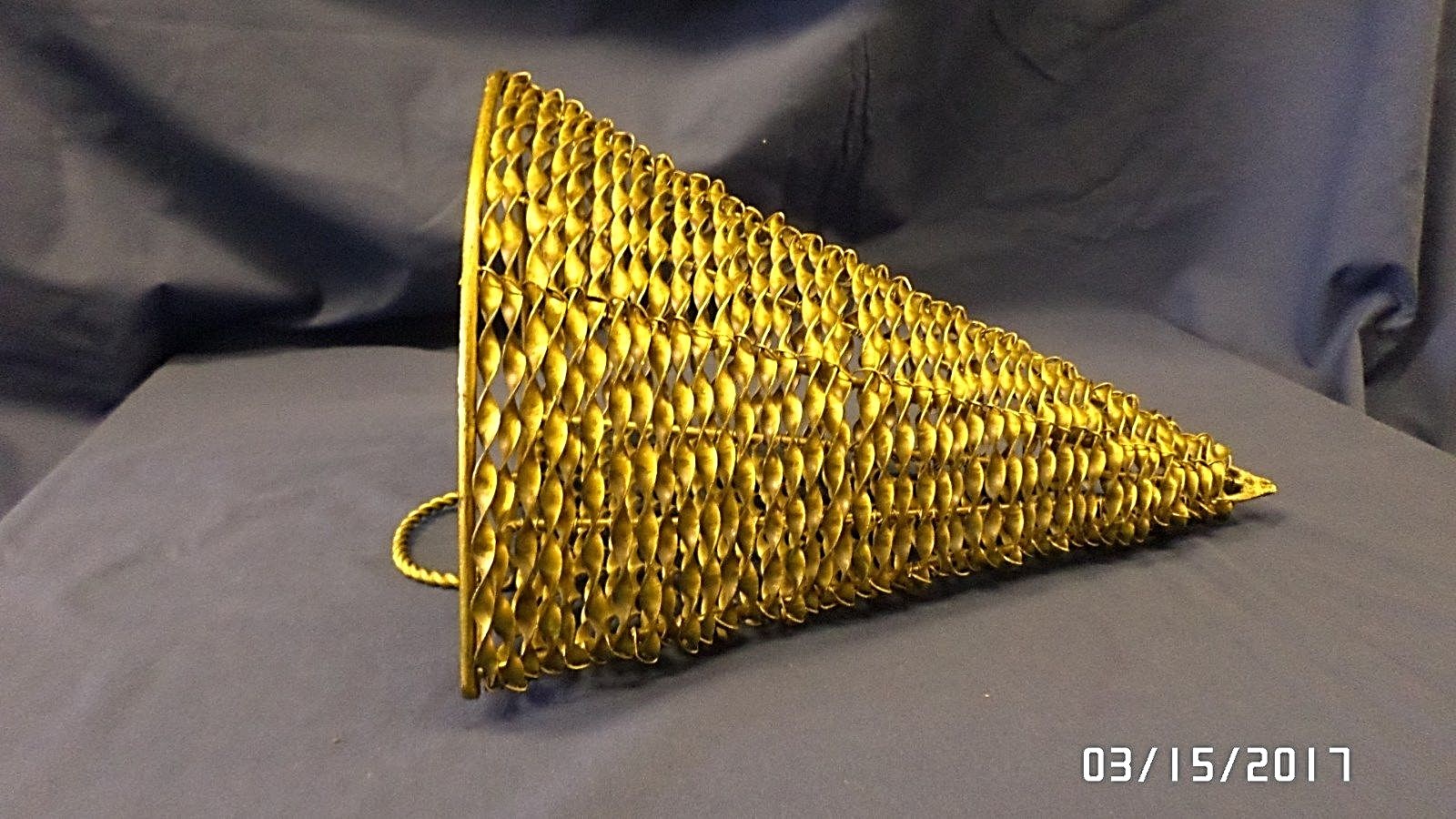 1849M Large Silk Flower Metal Hanging Basket Wall Hugger Cone Shaped Twist Brass