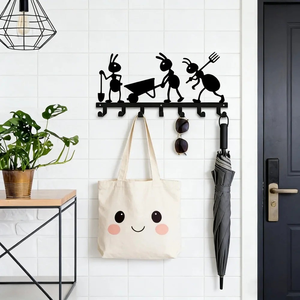 Ant Themed 7-Hook Metal Key Holder Wall Mount Organizer for Kitchen Office