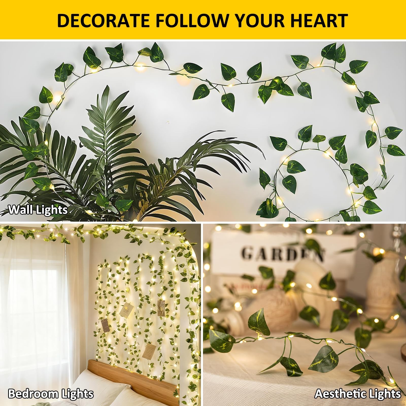 33Ft Vine with Fairy Lights Battery Operated, 100 Pothos Leaf Vine Lights wit…