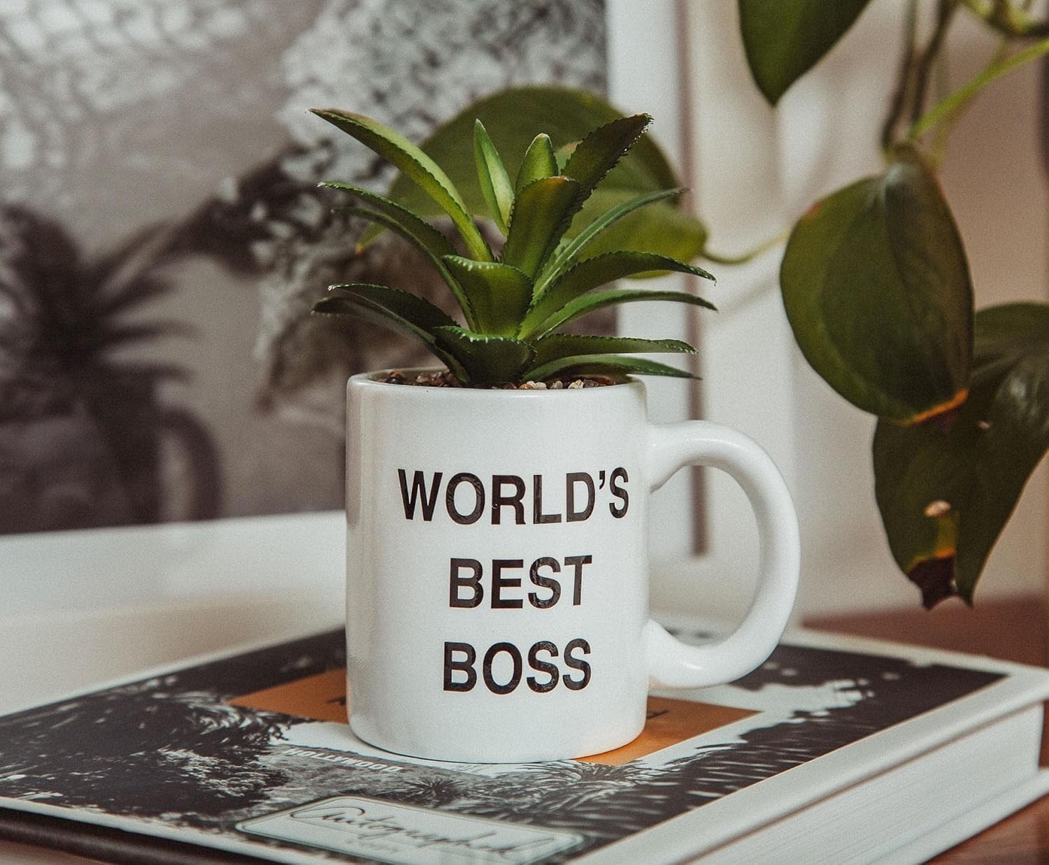 The Office Worlds Best Boss Decorative Artificial Faux Greenery Plant in Ceramic