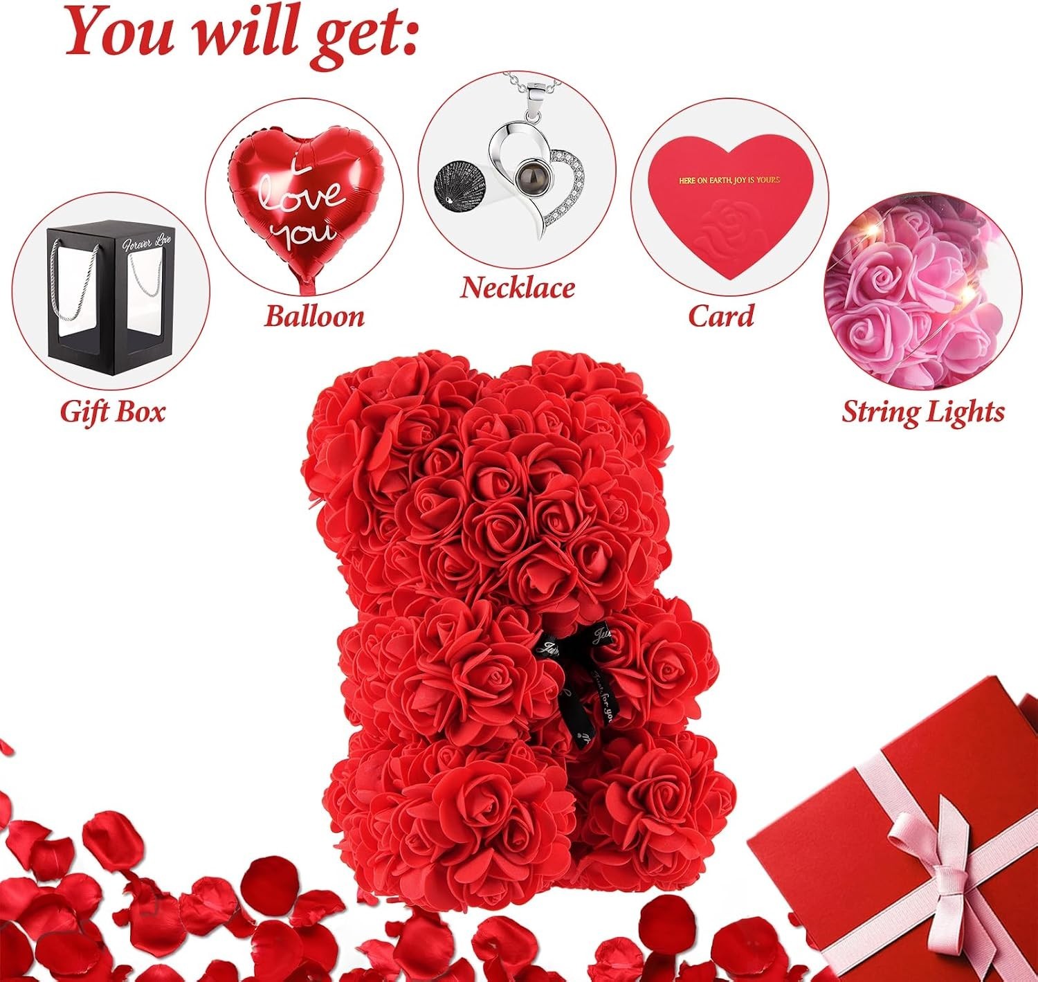 Rose Bear 10 Inch Red Flower Teddy Bear with Lights Box I Love You Necklace C…