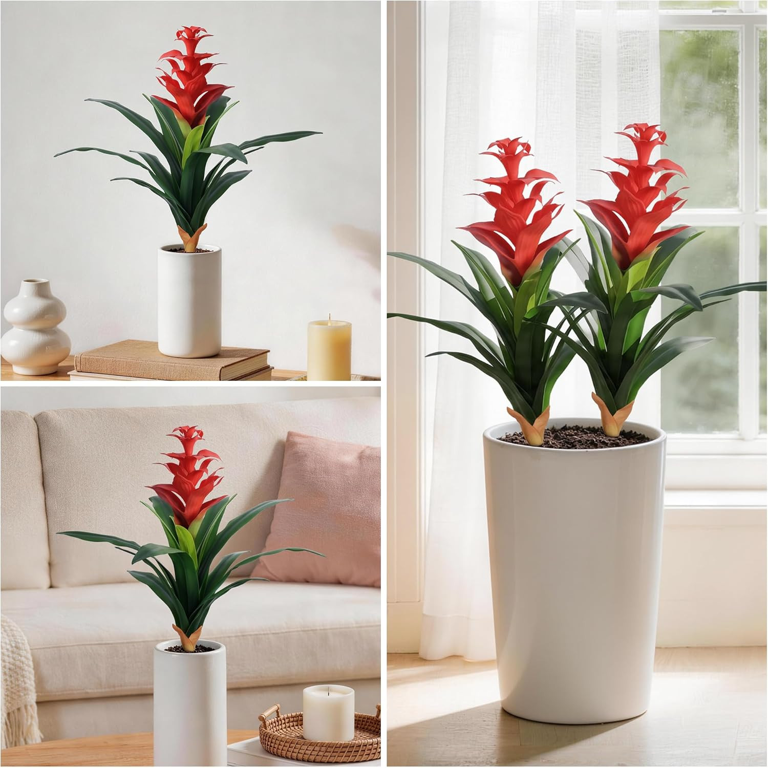 Fake Flowers Plants for Outdoors, 2 Pcs 16.93″ Bromeliad Artificial Flowers Uv R