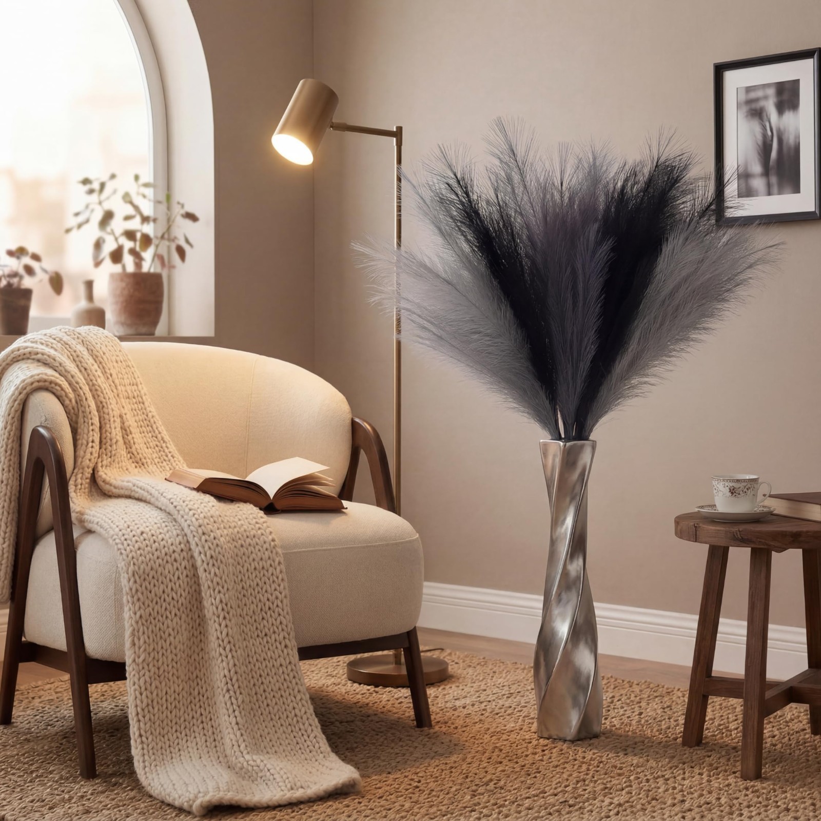 9 PCS Tall Faux Pampas Grass 37” Black Gray Fluffy Floral Decor for Vase, Boho