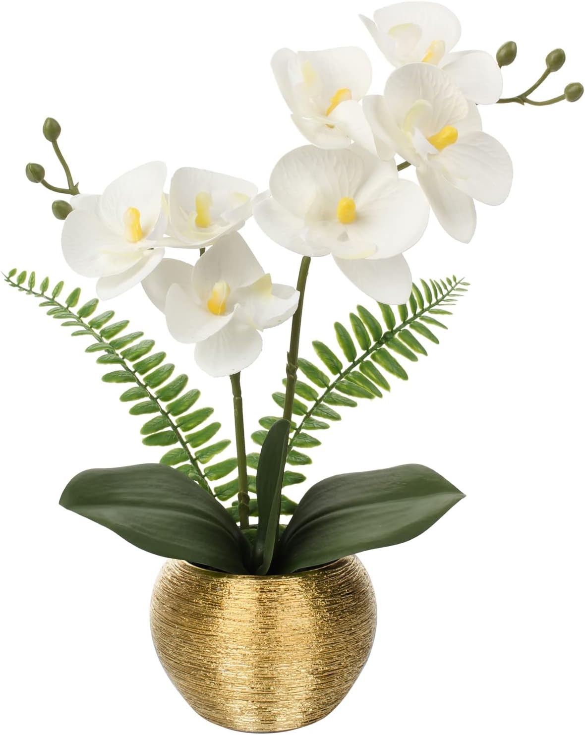 Artificial Orchid Flowers in Gold Ceramic Pot 13″ Small White Faux Phalaenopsis