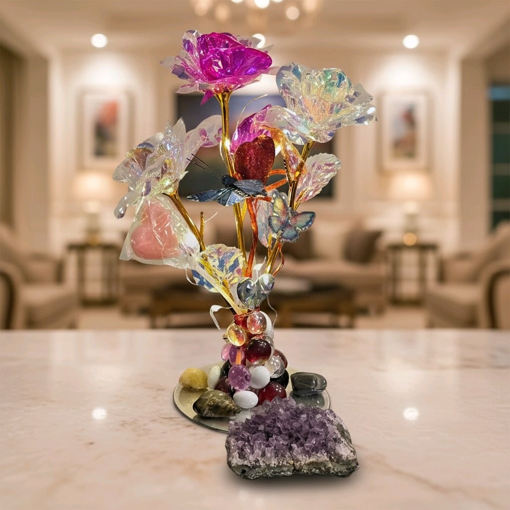 Floral Arrangement With Vase And Lights-New-Hand Crafted