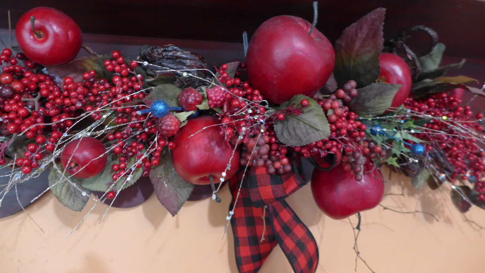 XL Swag Floral Red Apples Wall Decor Grapevine Fruit Blue Bling Fall Autumn Hang