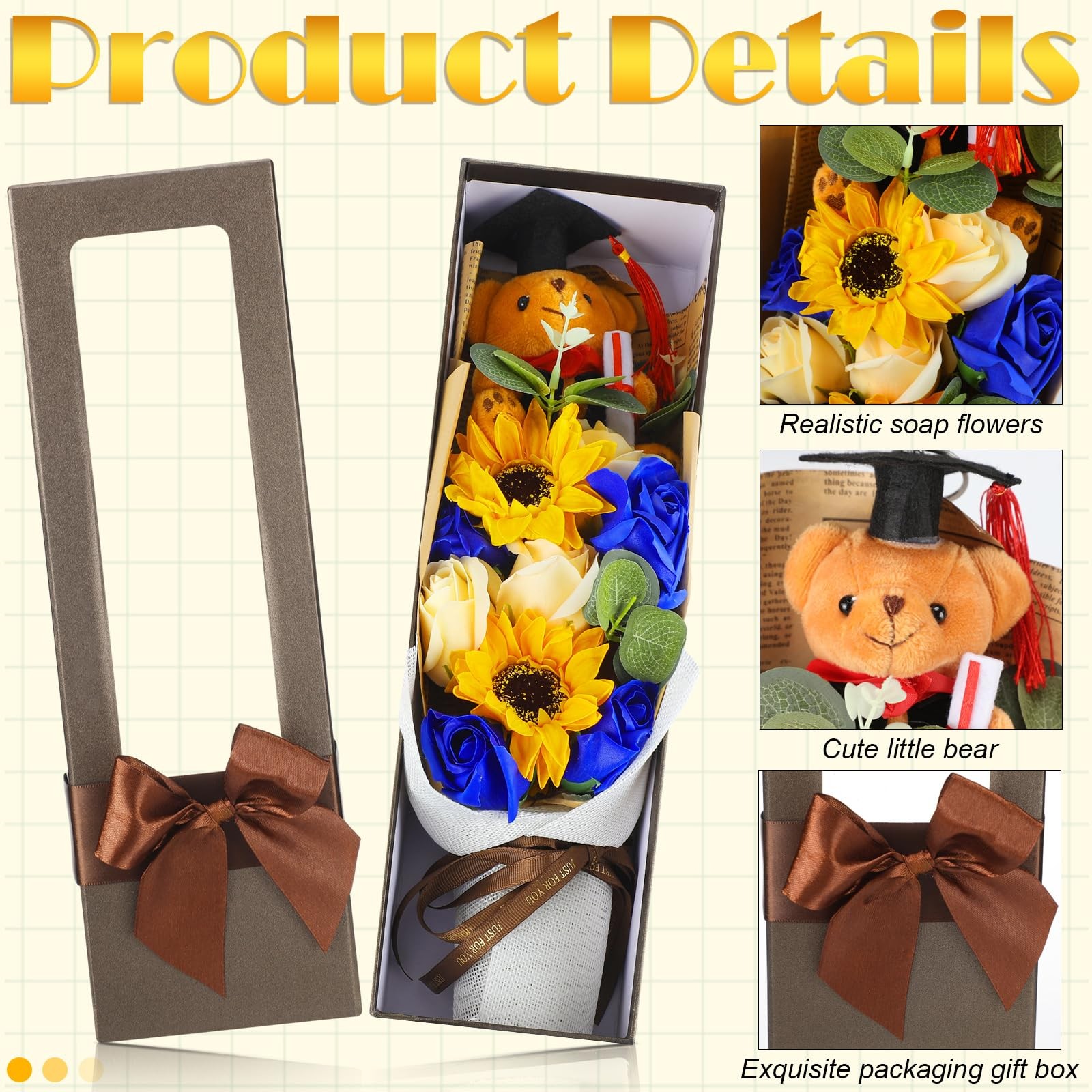 13″ Blue Graduation Rose Sunflower Scented Soap Flower Bouquet Plush Bear