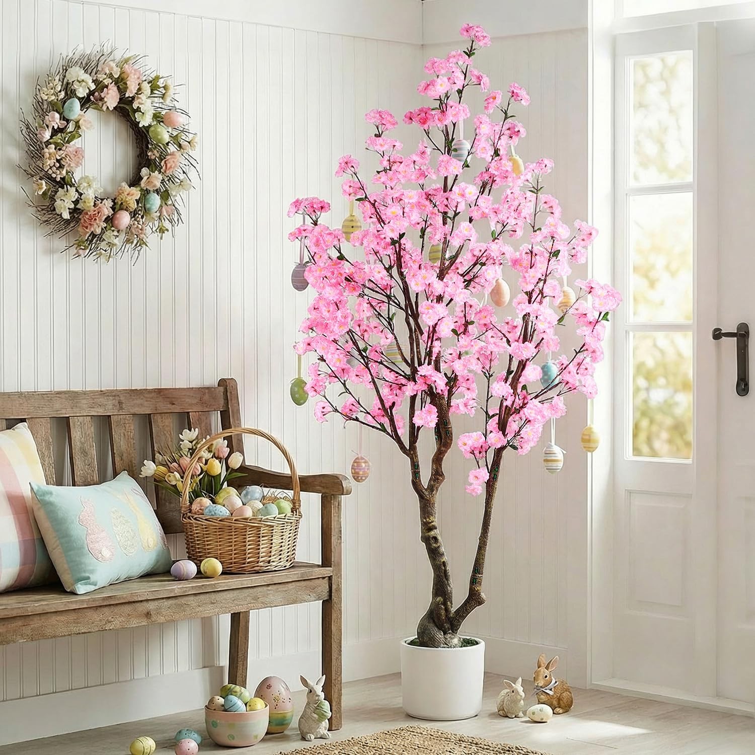 Artificial Cherry Blossom Tree, 7FT Tall Artificial Tree with White Pot, Pink…