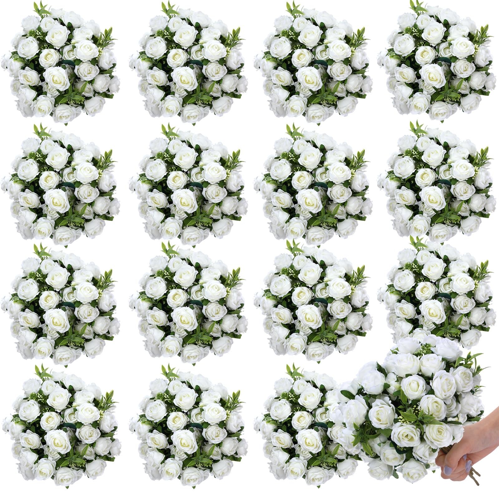 16 Bunches 12 Inch White Artificial Mini Rose Bouquet 160 Heads Fake Silk