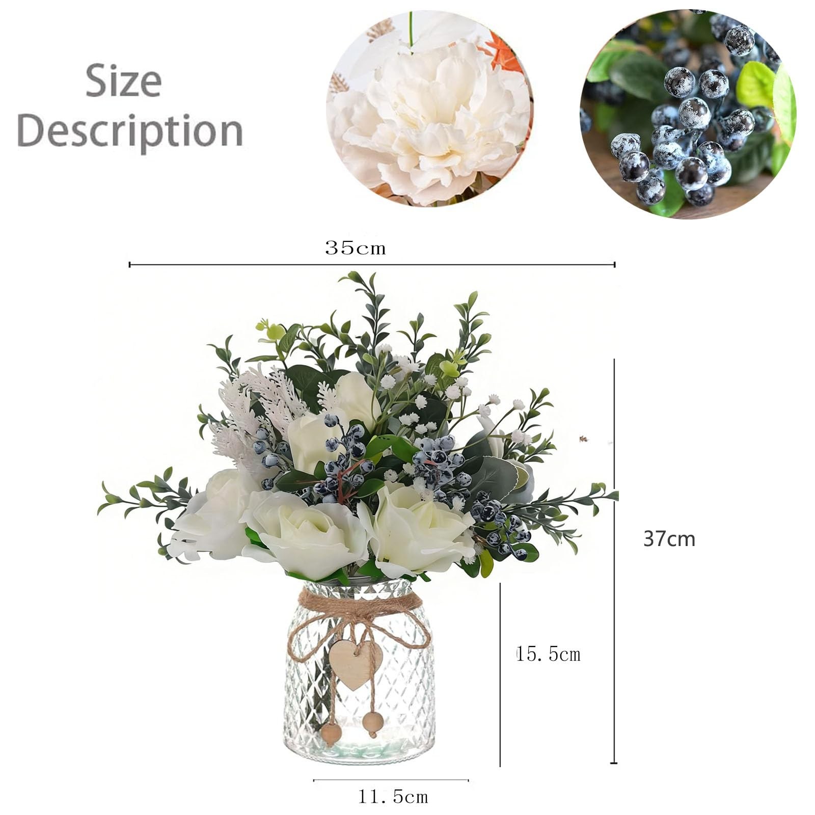 Faux Silk Flower Arrangement Blueberry Fake Roses In Vase Table Centerpiece