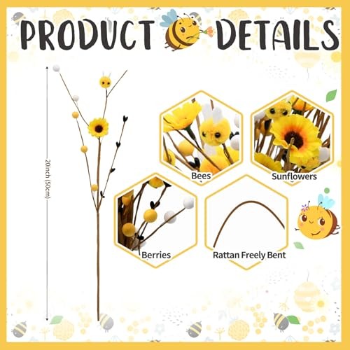 24Pcs Bee Artificial Branches with Sunflowers, Rustic Farmhouse Yellow Brown