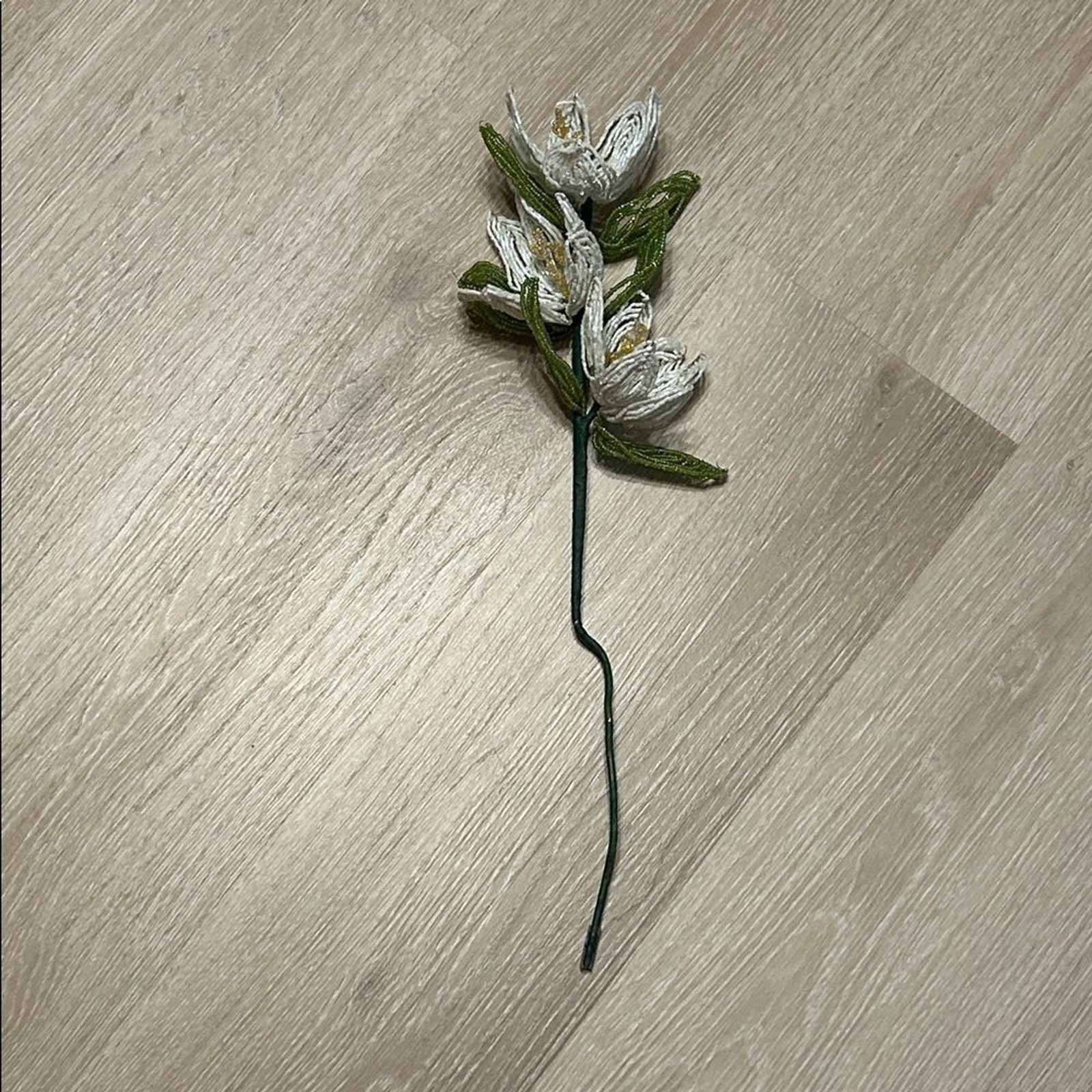 Handcrafted French White Glass Beaded Flower Stem Vintage Inspired Decorative
