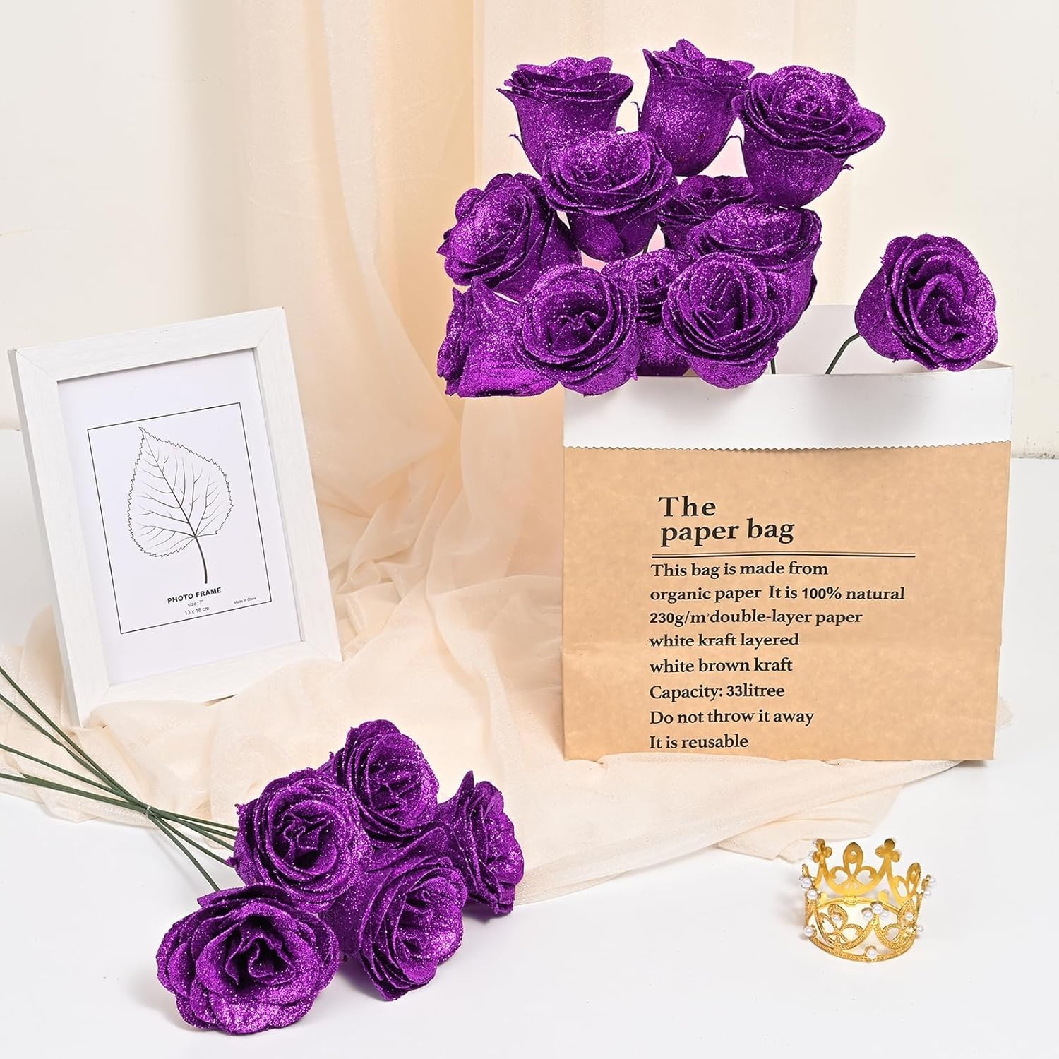 Waipfaru Glitter Roses Bouquet, DIY Fake Glitter Flowers Bouquet, Everlasting Sh
