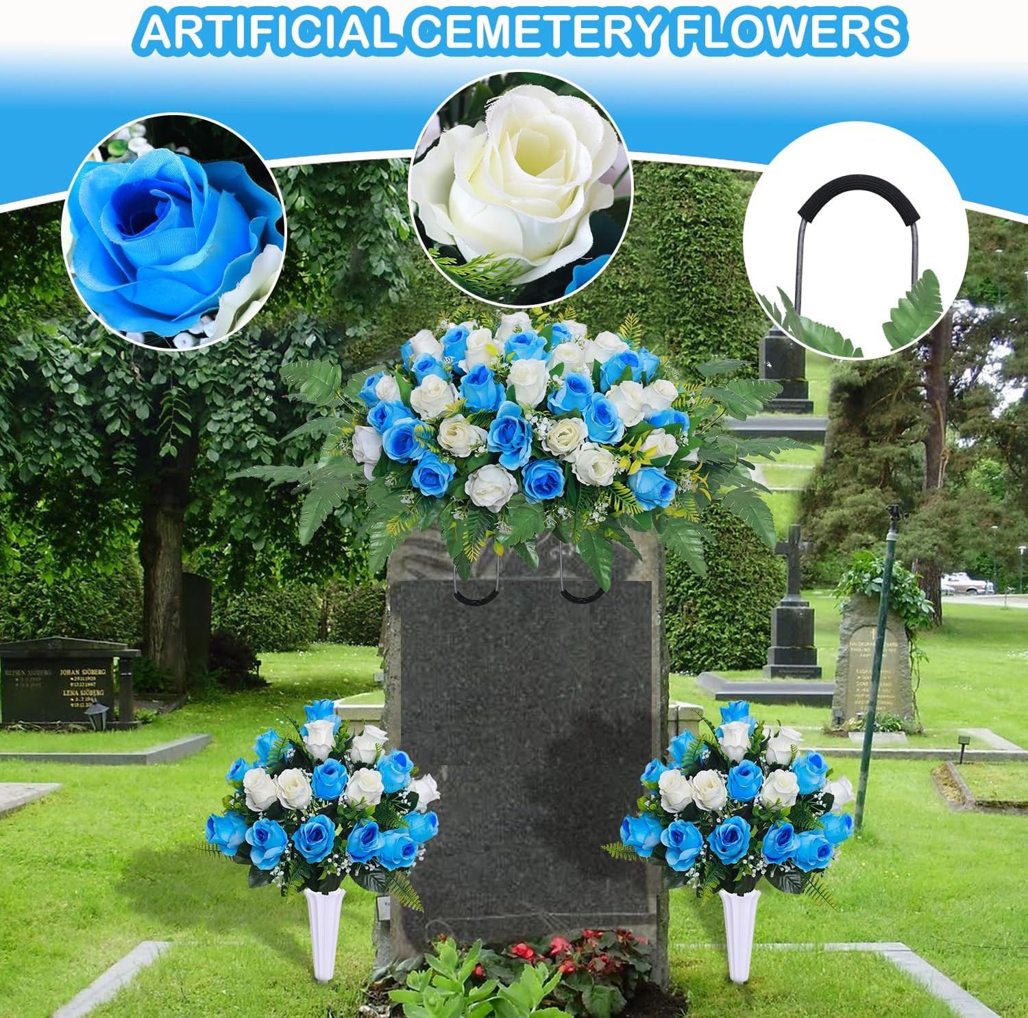 3 Pcs Blue White Cemetery Flower Saddles for Grave Memorial Decorations